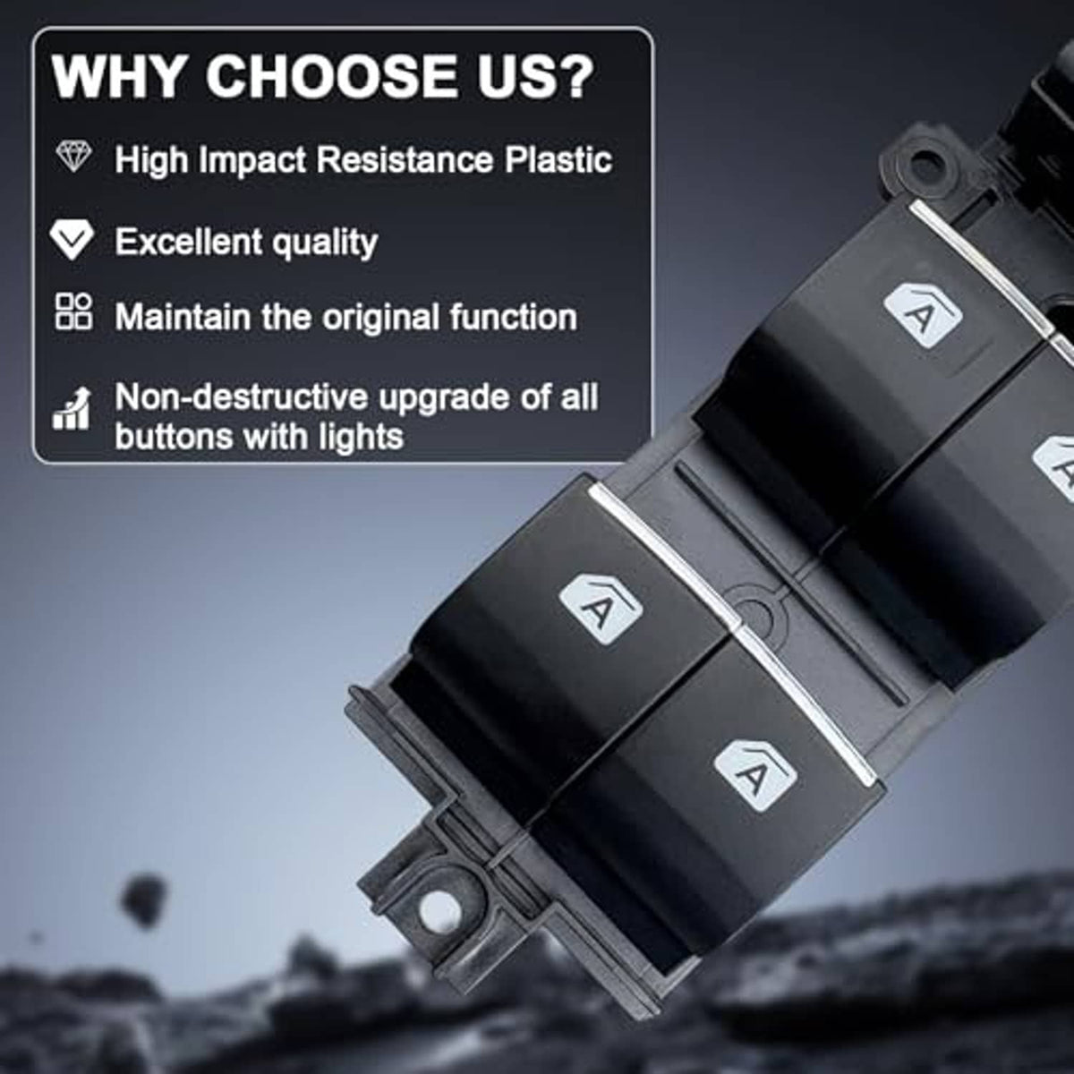 Black power window switch assembly with A icon buttons and metal mounting plate