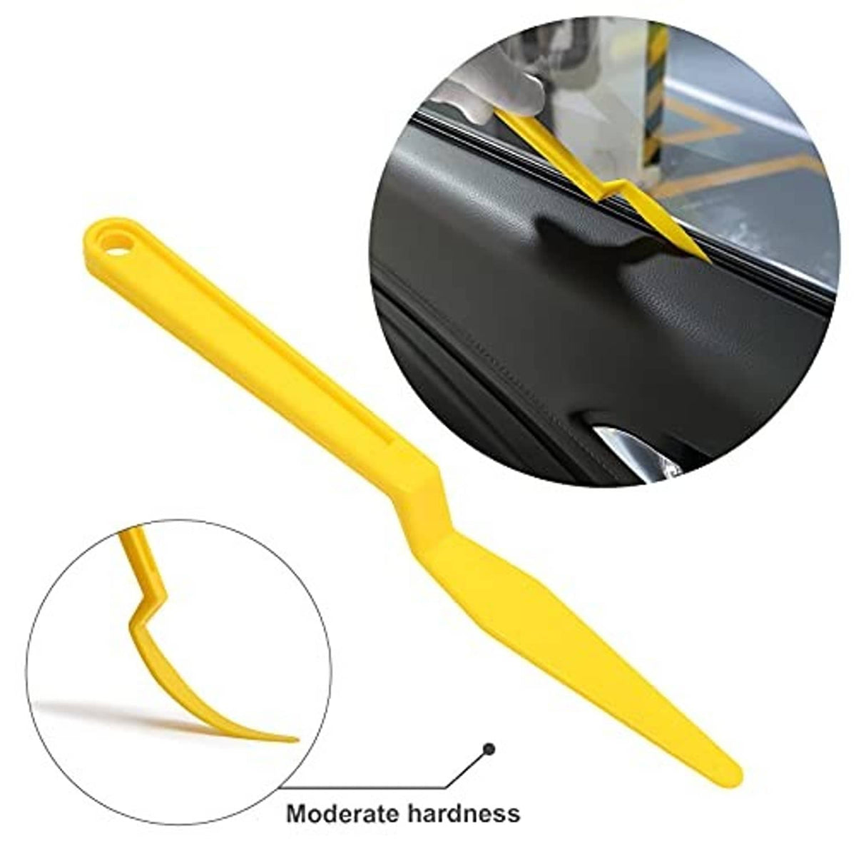 Yellow vinyl wrap squeegee tool with close-up of pointed edge for detail work
