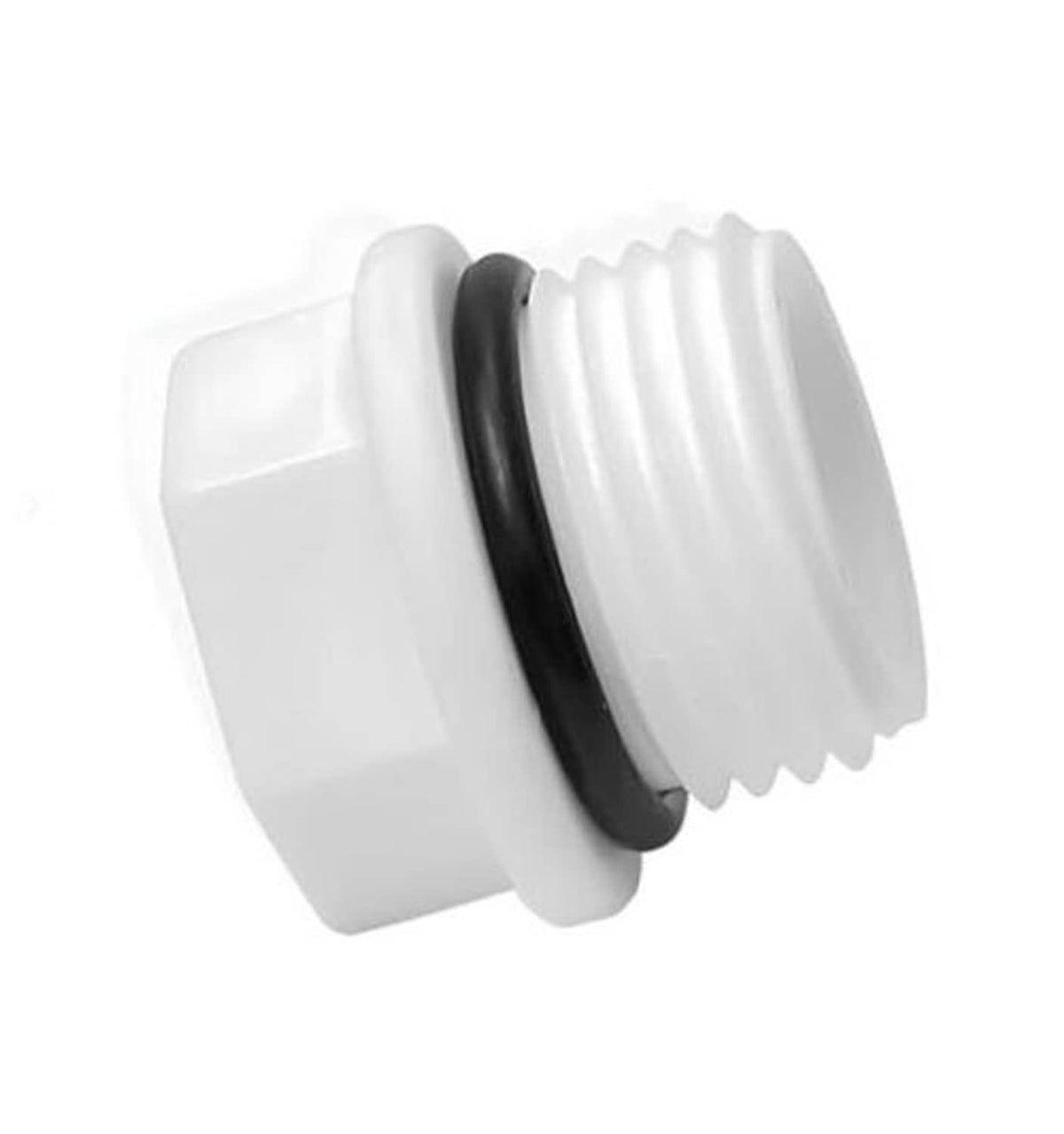 White 1/2-inch PVC threaded pipe end cap with black ring, angled view