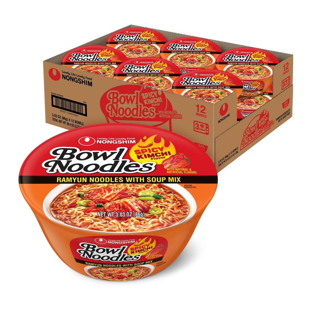 Instant ramen noodles multi-pack with cardboard box and red/orange Kimchi bowls