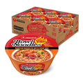 Instant ramen noodles multi-pack with cardboard box and red/orange Kimchi bowls