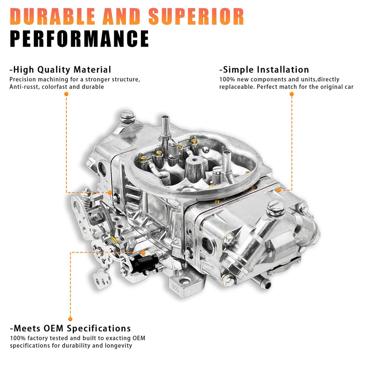 4-barrel carburetor with silver metal body and labeled durability callouts