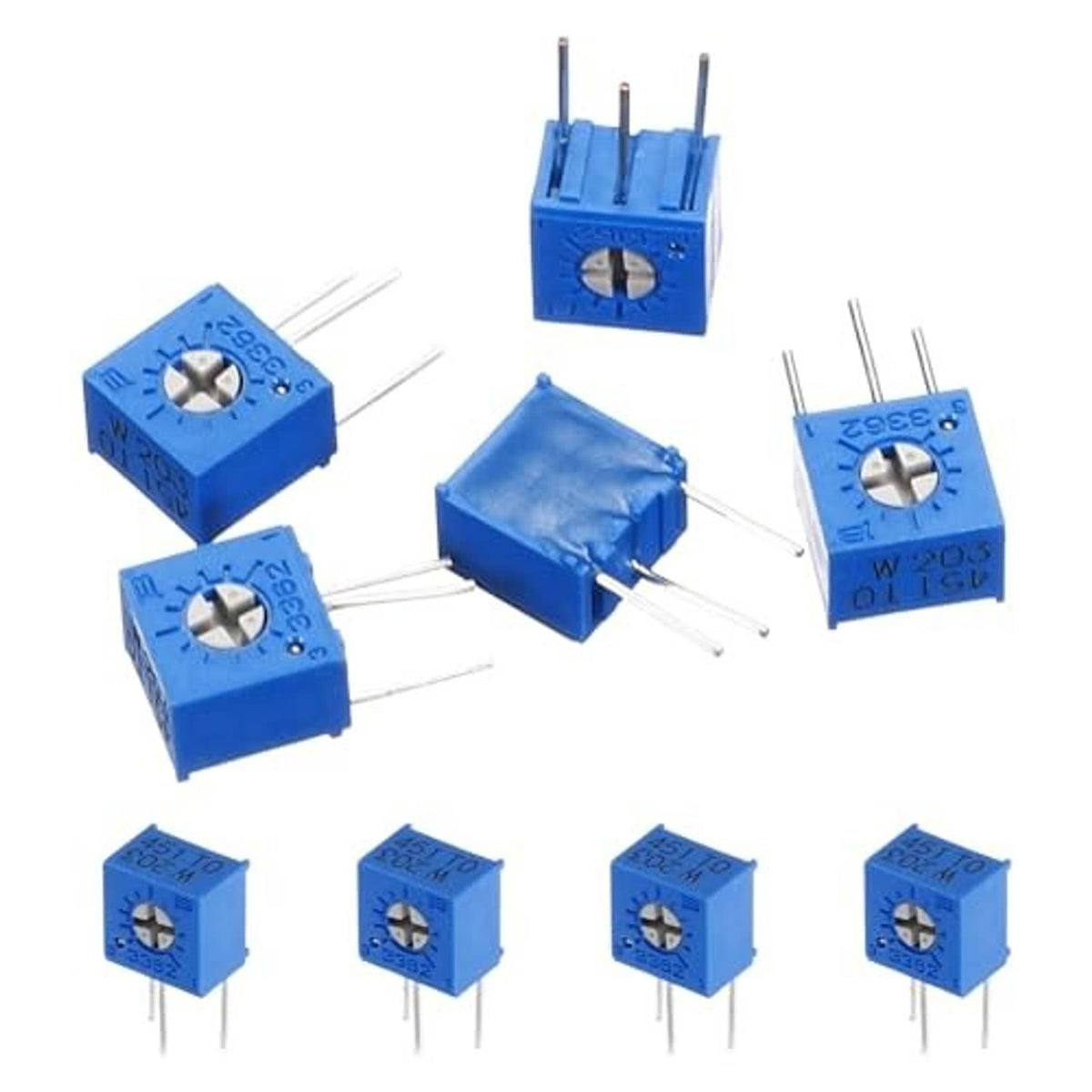 Blue multiturn trimmer potentiometers, angled view showing side adjustment and three leads.