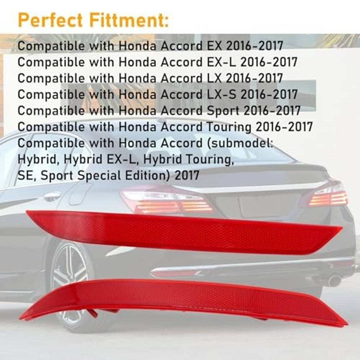 Two red rear bumper reflector lenses, curved shape for left and right