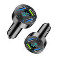 Black dual USB car chargers set with blue voltmeter display and 4 ports, including Type-C