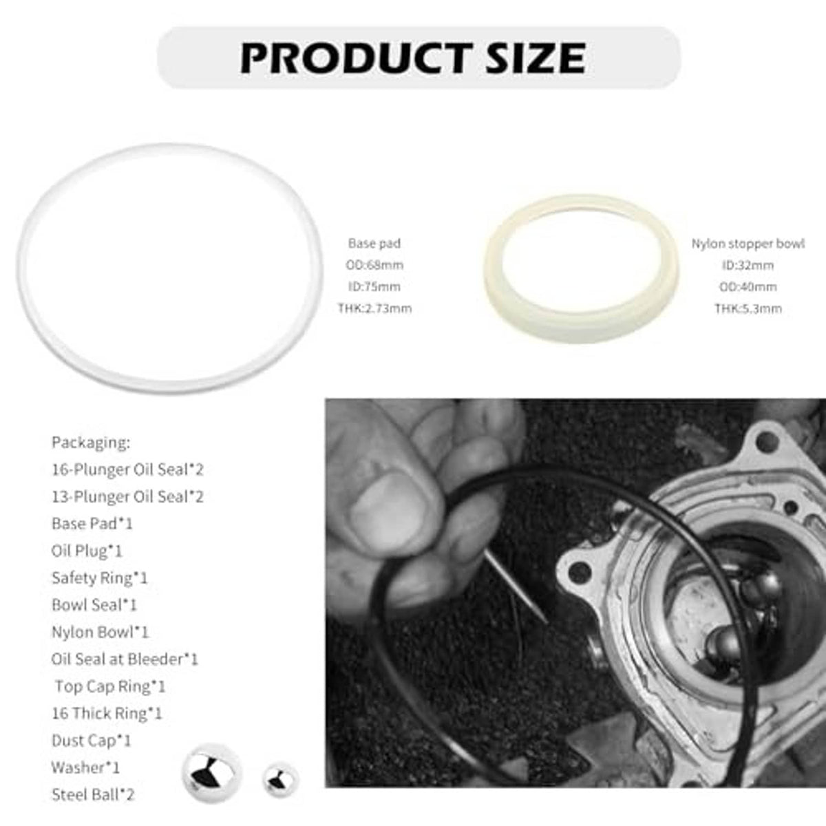 Replacement seal kit with base pad, nylon stopper bowl, and assorted plunger and oil seals