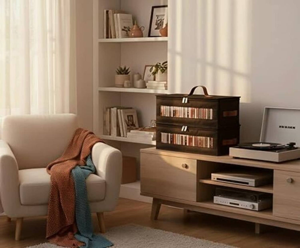 Black CD storage box with clear window and brown handle placed on a room shelf.
