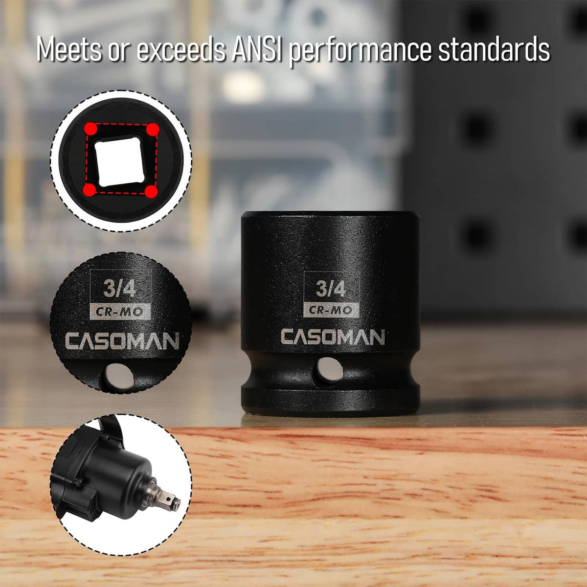 Black 3/4 in impact socket, laser-etched CR-MO size label on the side