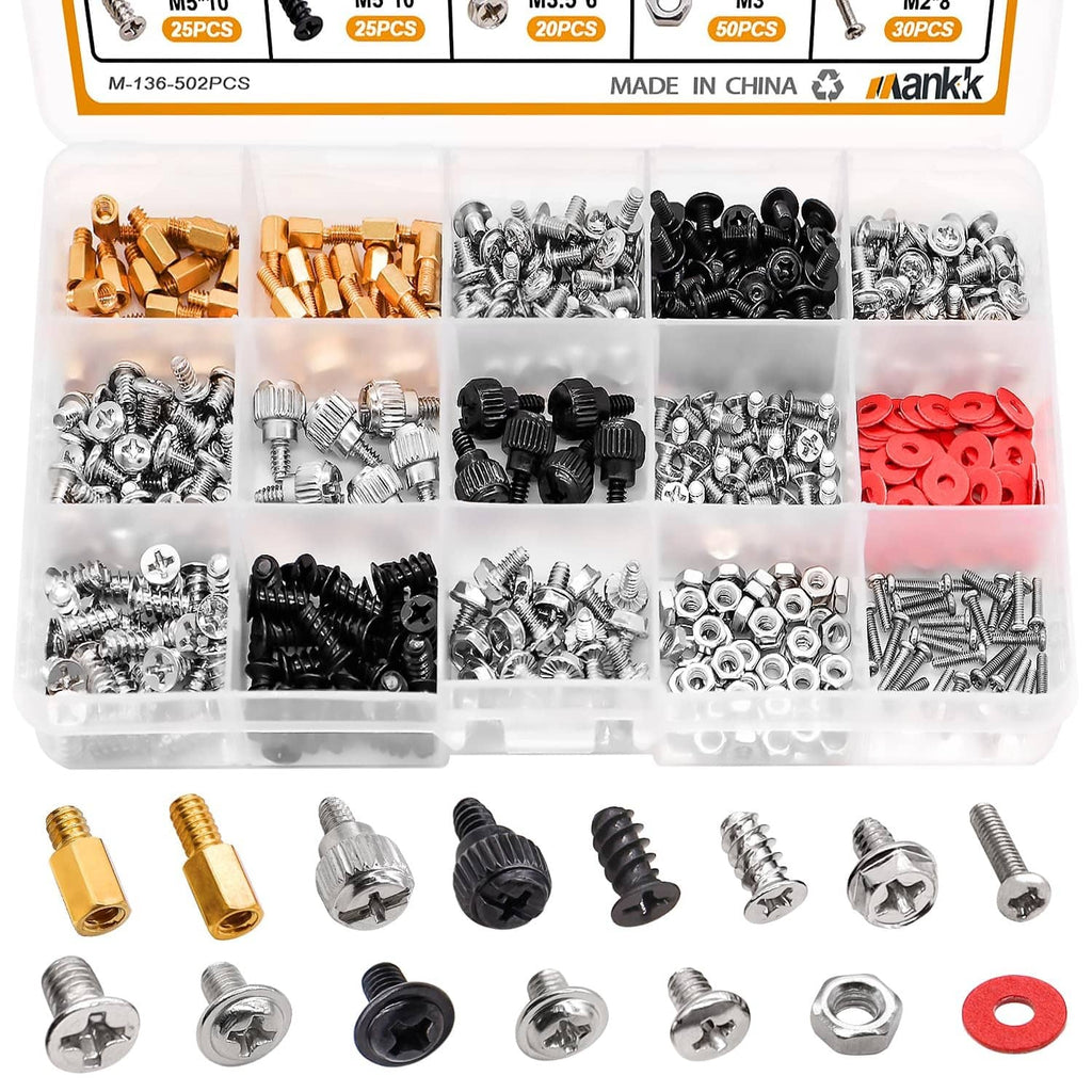 Computer screw assortment kit in clear organizer box with mixed brass, silver, and black screws