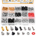 Computer screw assortment kit in clear organizer box with mixed brass, silver, and black screws