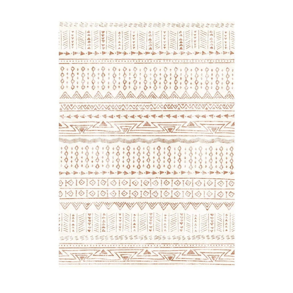 Geometric beige area rug with brown and rust patterned bands