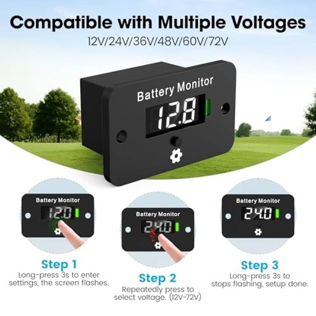 Digital battery gauge with LCD display reading 12.8V and vertical green indicator