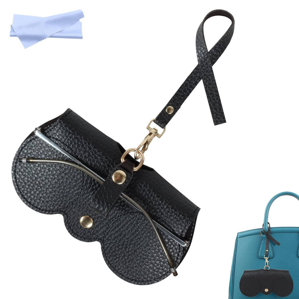 Black soft leather sunglasses bag with crossbody strap, snap closure, metal rings