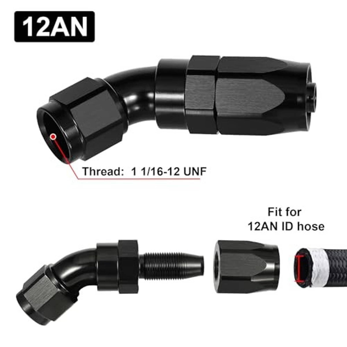 45-degree swivel AN hose fitting with male threaded end and angled inlet outlet