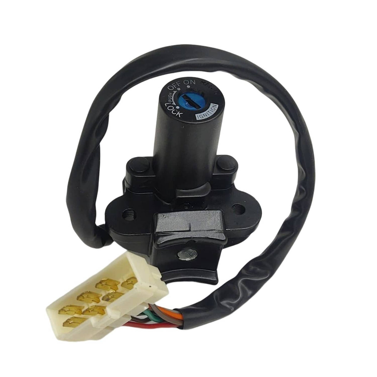 Ignition switch cylinder with wiring harness connector and black key switch housing