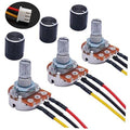 3-piece rotary potentiometer set with black textured knobs and color lead wires