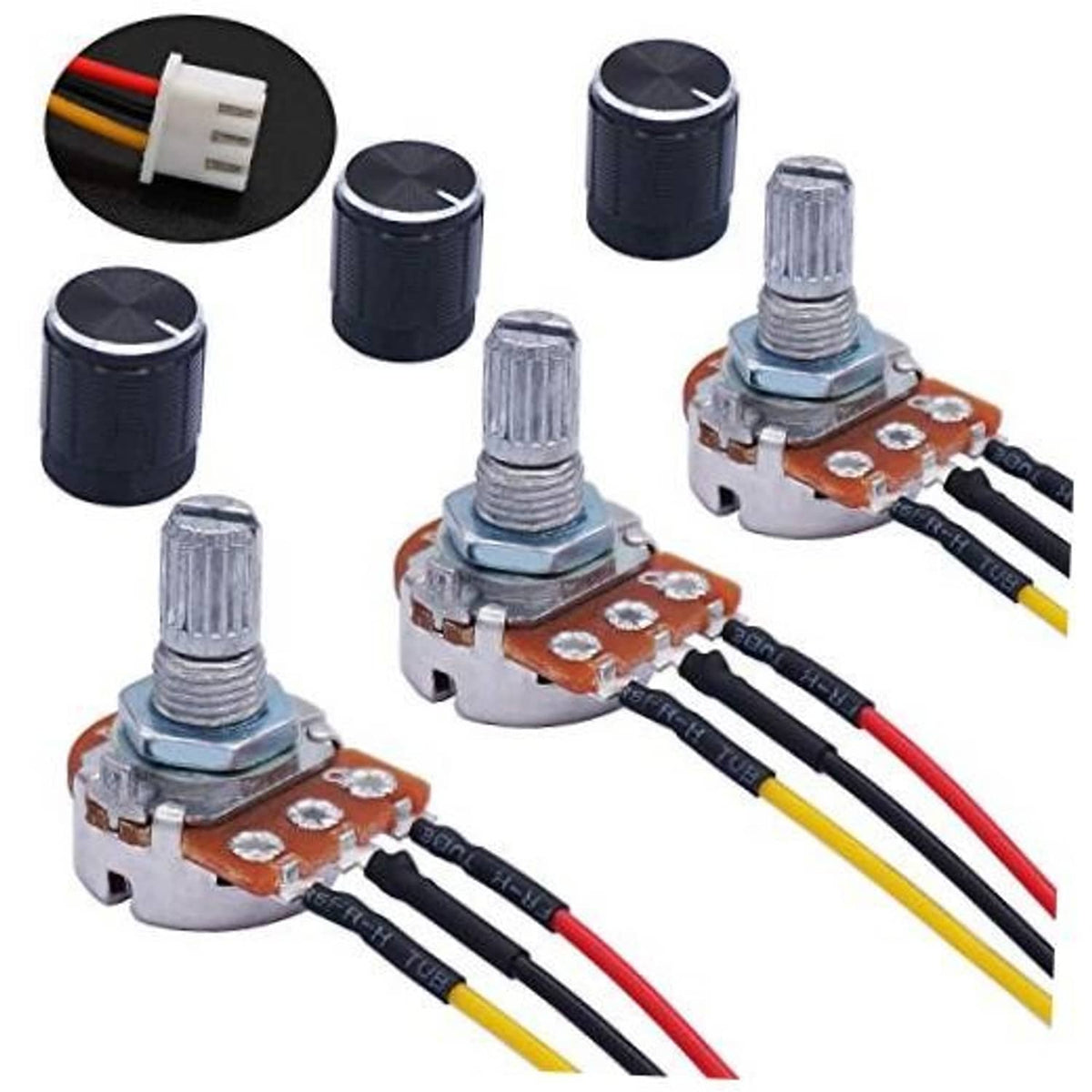 3-piece rotary potentiometer set with black textured knobs and color lead wires