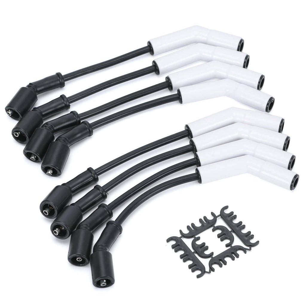 Spark plug wire set with mixed black and white ceramic boots plus mounting clips, eight wires