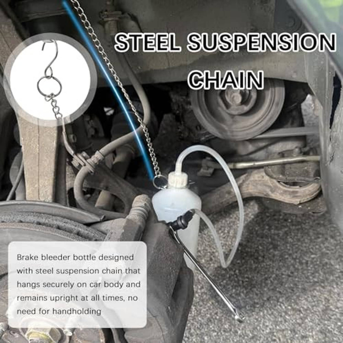 Brake fluid bleeder kit bottle with steel chain securing it during brake bleeding