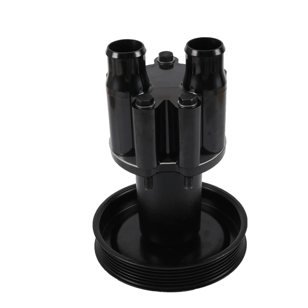 Black raw water pump and pulley with two raised outlet pipes and mounting screws