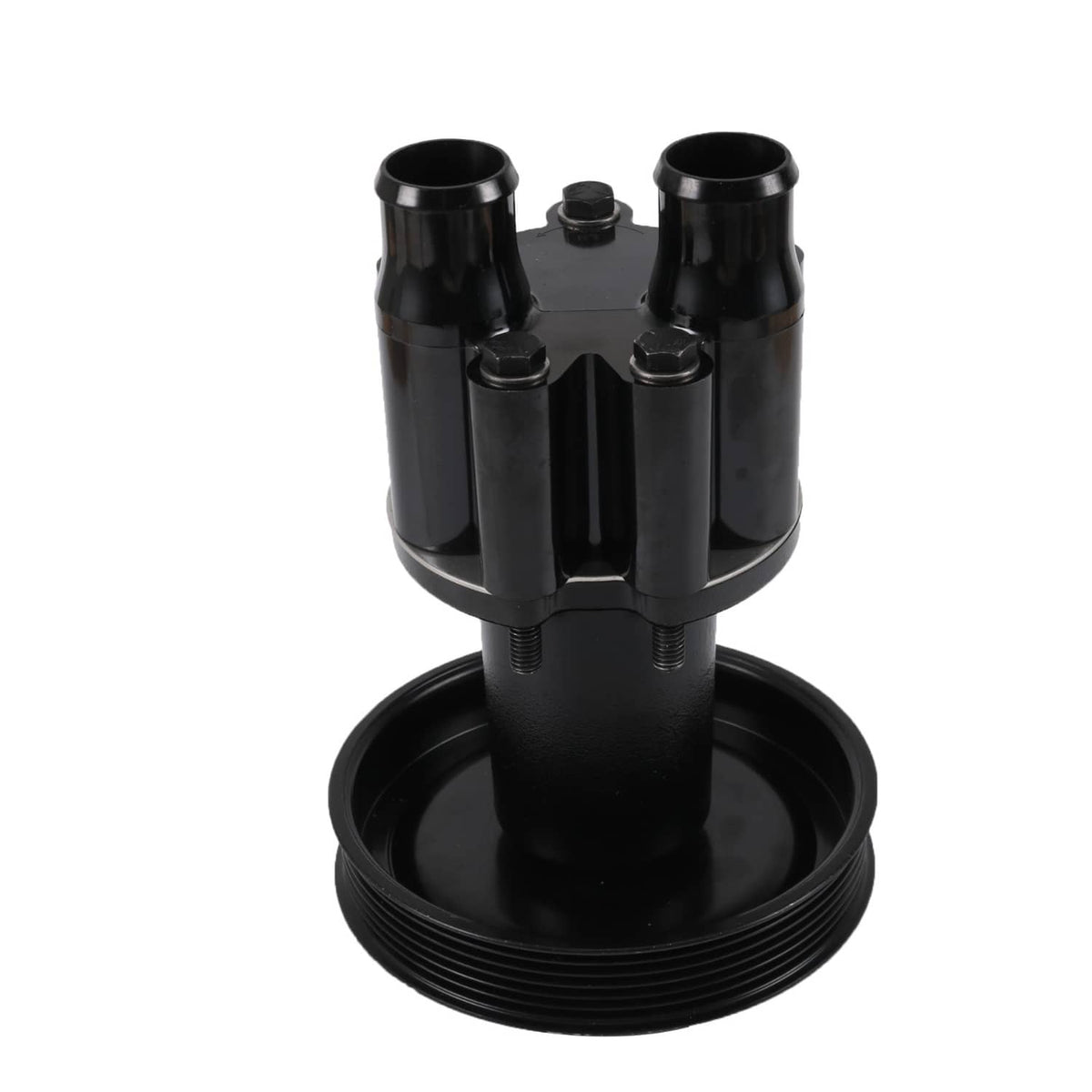 Black raw water pump and pulley with two raised outlet pipes and mounting screws