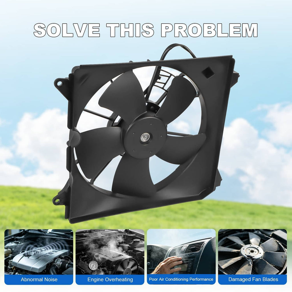 Radiator cooling fan assembly with black fan blades, motor hub, and frame mounts