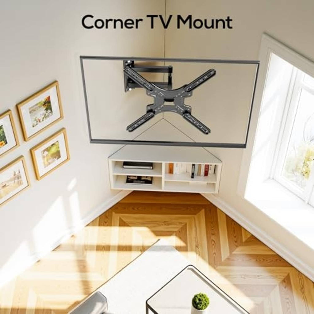 Black corner TV mount bracket with multi-arm swivel holding TV in corner