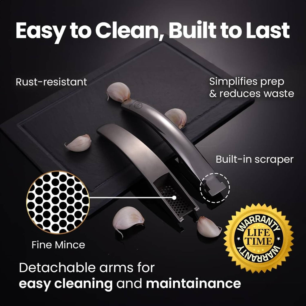 Stainless steel garlic press with fine-mince plate, detachable arms, built-in scraper