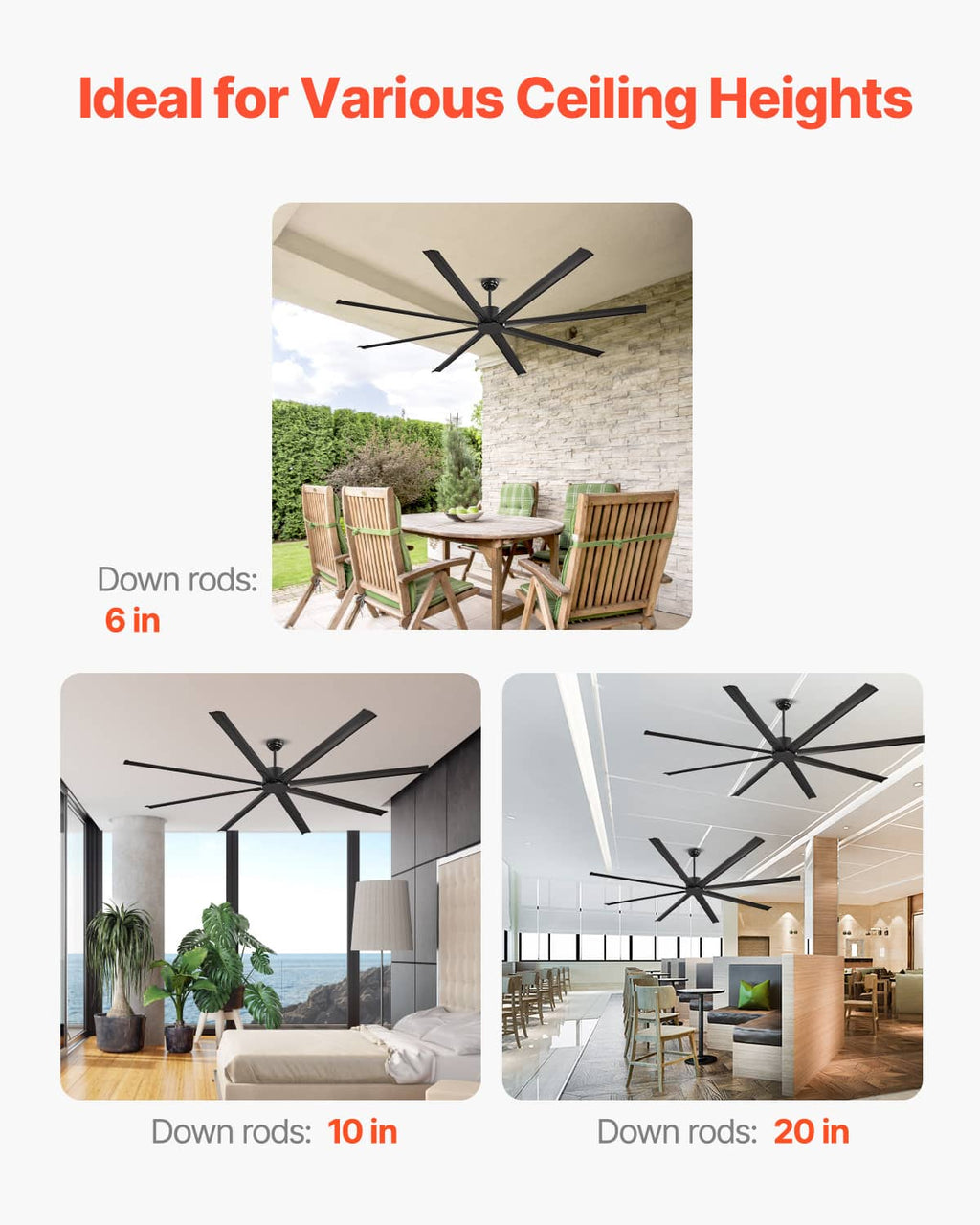Black ceiling fan with downrod options for varied ceiling heights and clear airflow
