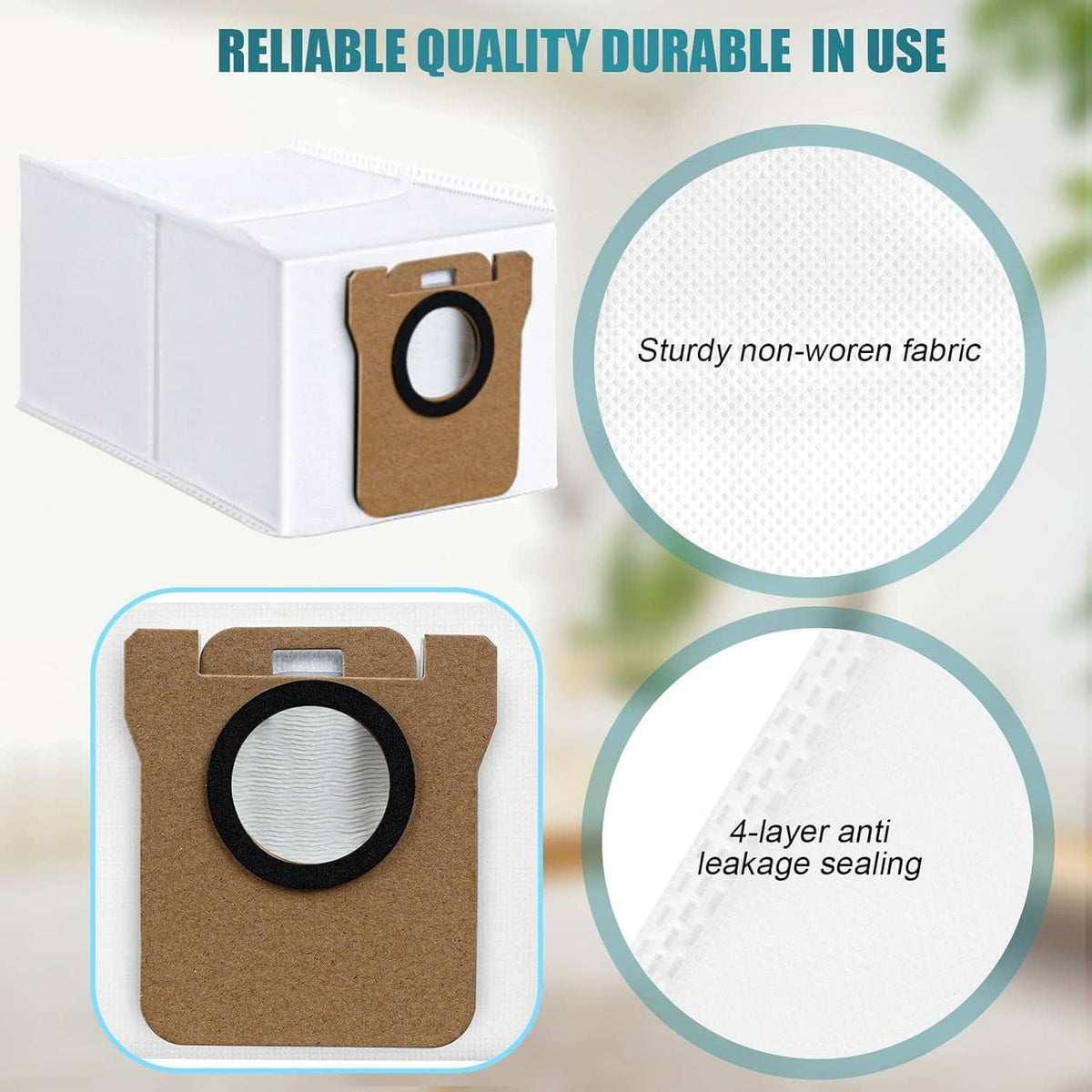 Vacuum bag with brown filter and black seal ring, shown with filter layer diagram