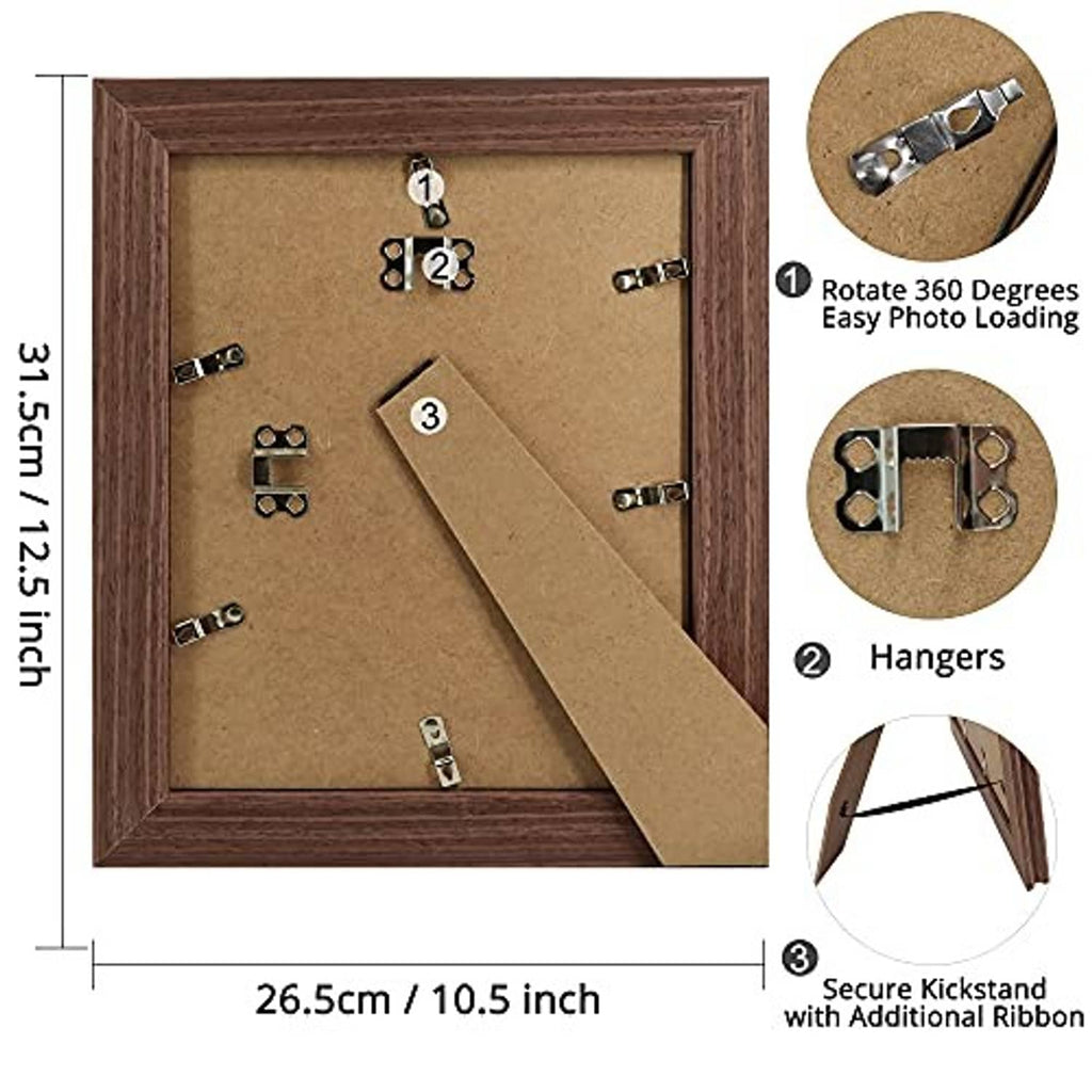 Brown wood picture frame back view with hanging clips and fold-out kickstand.