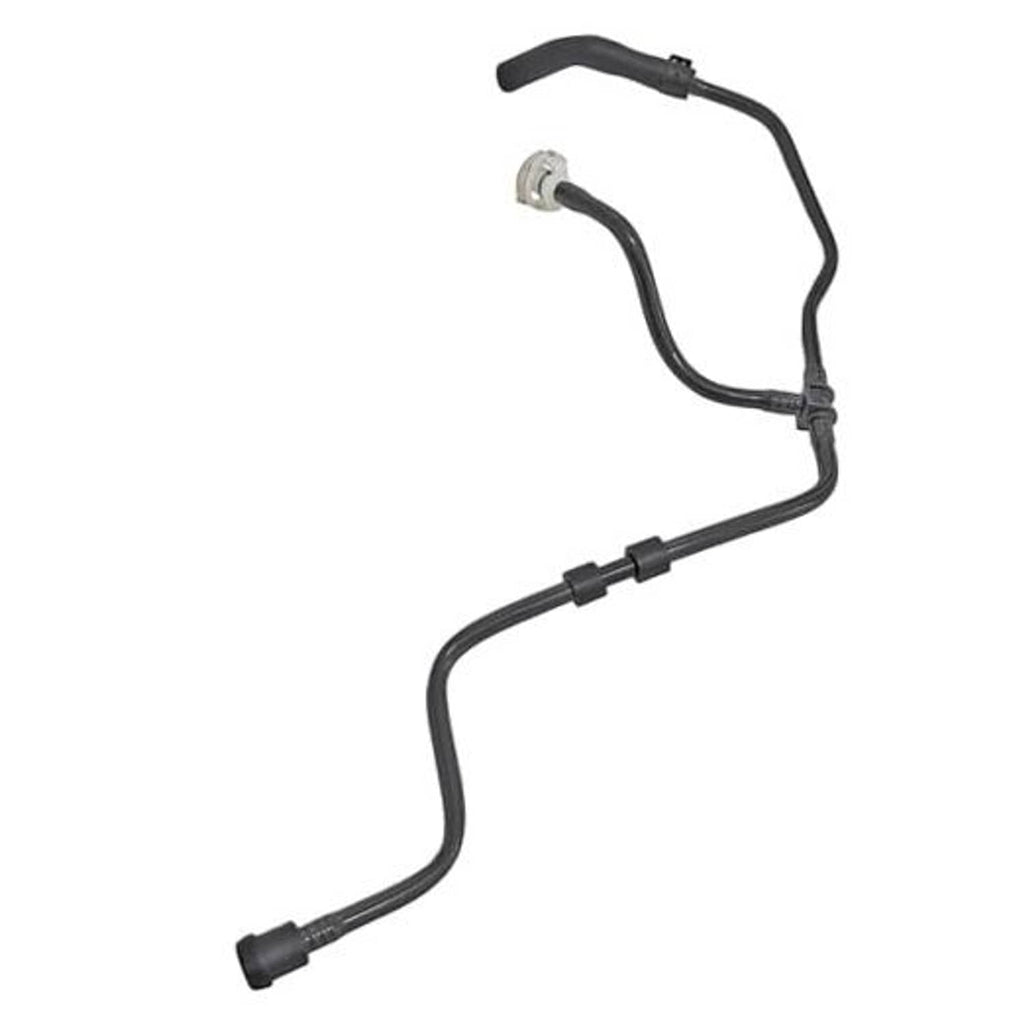 Curved black radiator coolant reservoir tank hose with small gray connector