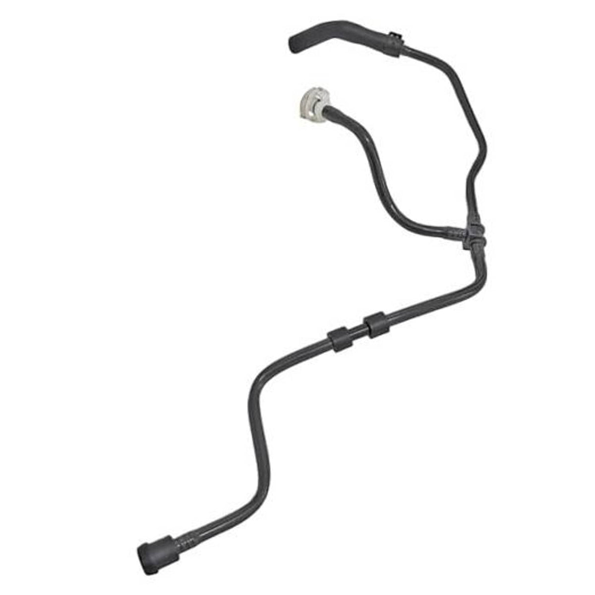 Curved black radiator coolant reservoir tank hose with small gray connector