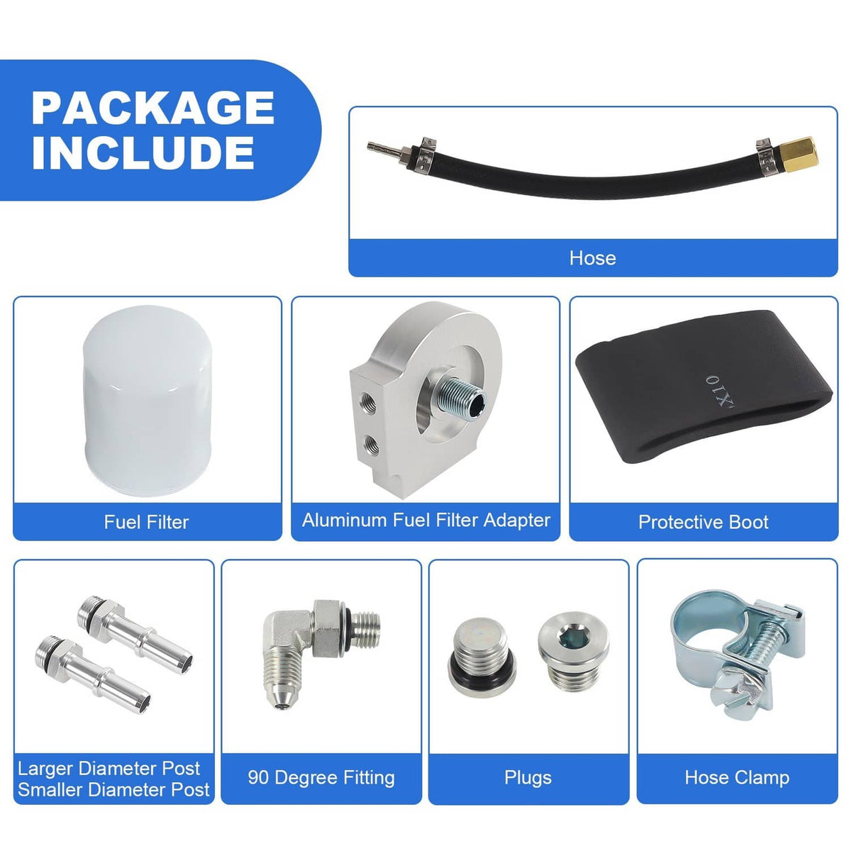 Fuel filter conversion kit package contents: fuel filter, aluminum adapter, protective boot