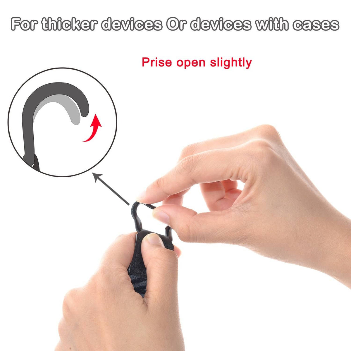 Hands adjusting a black tablet hand strap holder with loop and strap end