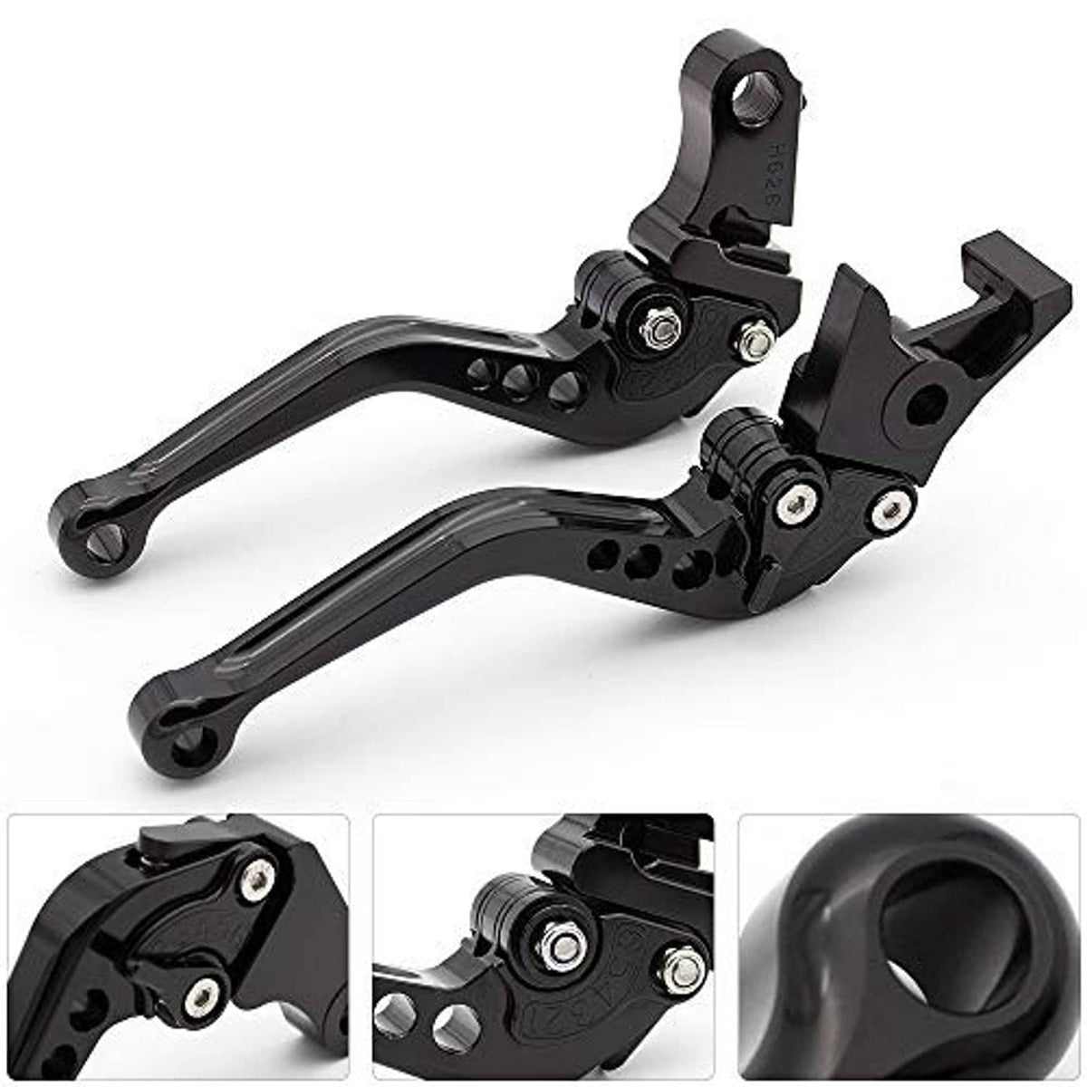 Black CNC short brake and clutch levers with detailed pivot mount and bolt heads