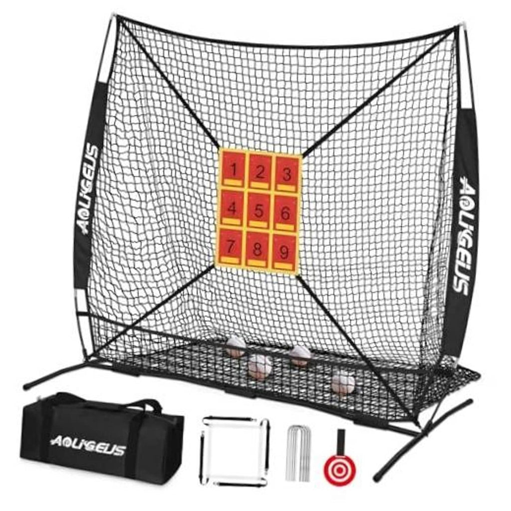 Black baseball practice net with 3x3 strike zone target and metal support frame