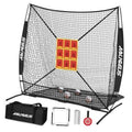Black baseball practice net with 3x3 strike zone target and metal support frame