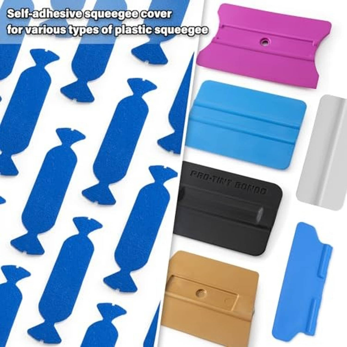 Blue wing-shaped felt buffer pads with self-adhesive squeegee cover samples