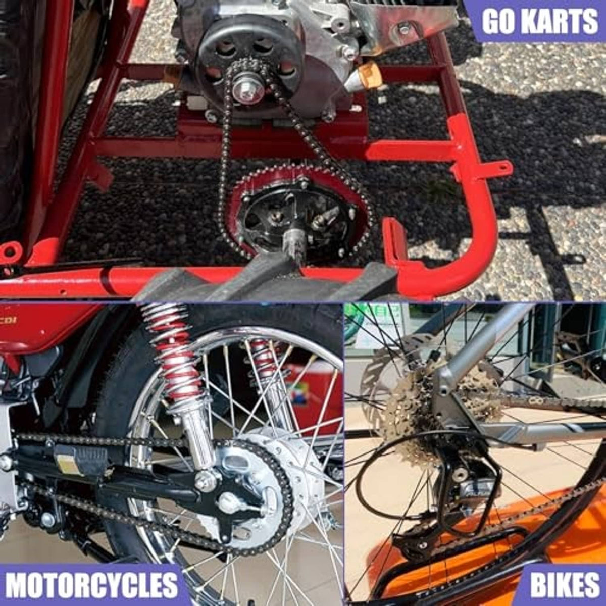Red roller chain installed on go-kart sprocket with drive wheel