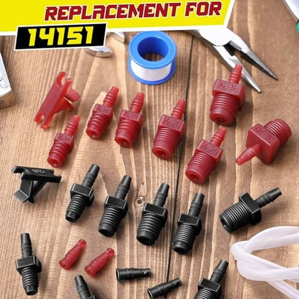Brake bleeder kit parts: red and black adapters, blue PTFE tape roll, clear hose