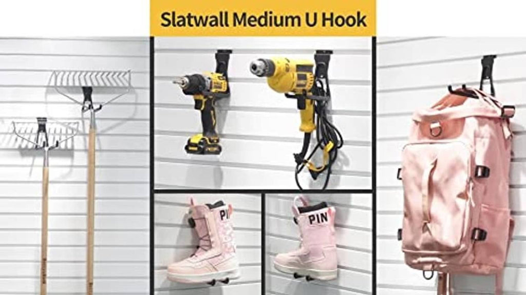 Slatwall medium U hook in black with mounting bracket and two curved arms