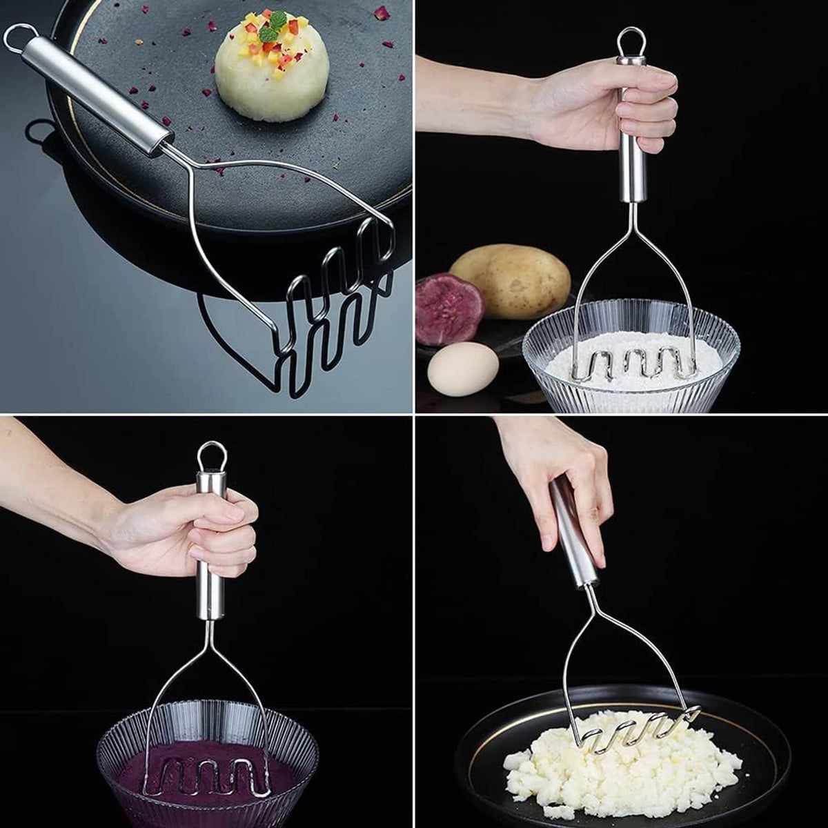 Stainless steel potato masher/ricer over a bowl, showing prongs and round handle