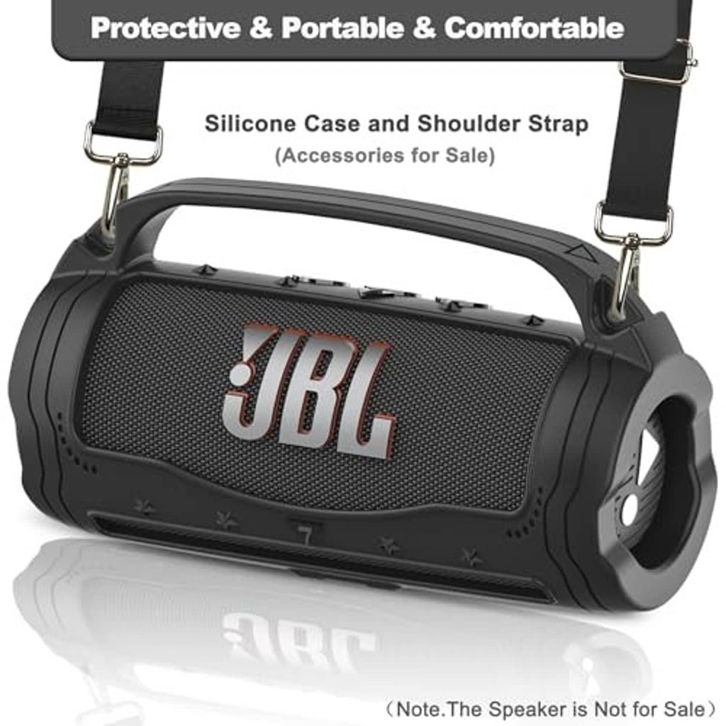 Black silicone speaker case with shoulder strap, reinforced frame and carry handle