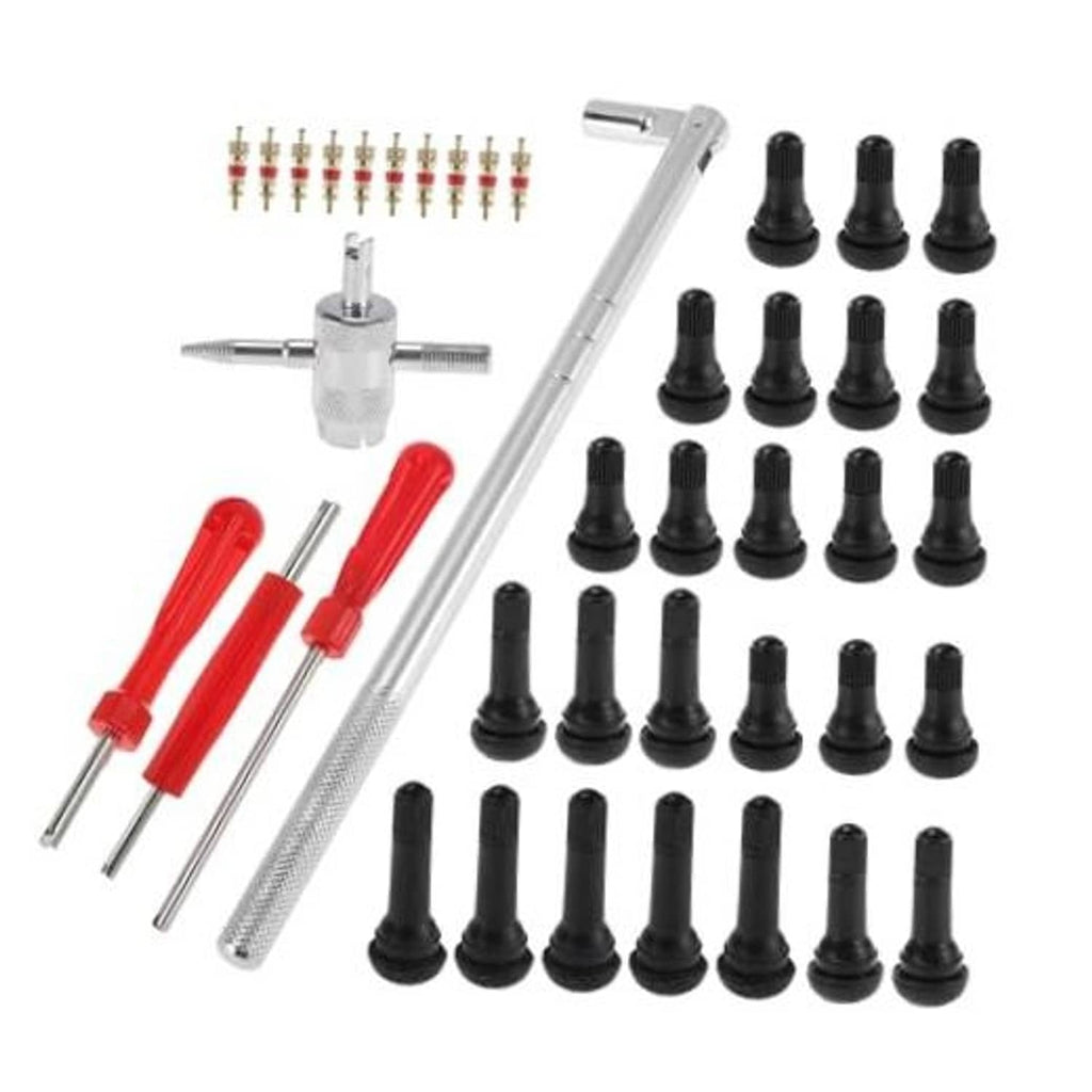 Tire valve stem puller set with chrome tools, red handles, and black valve caps.