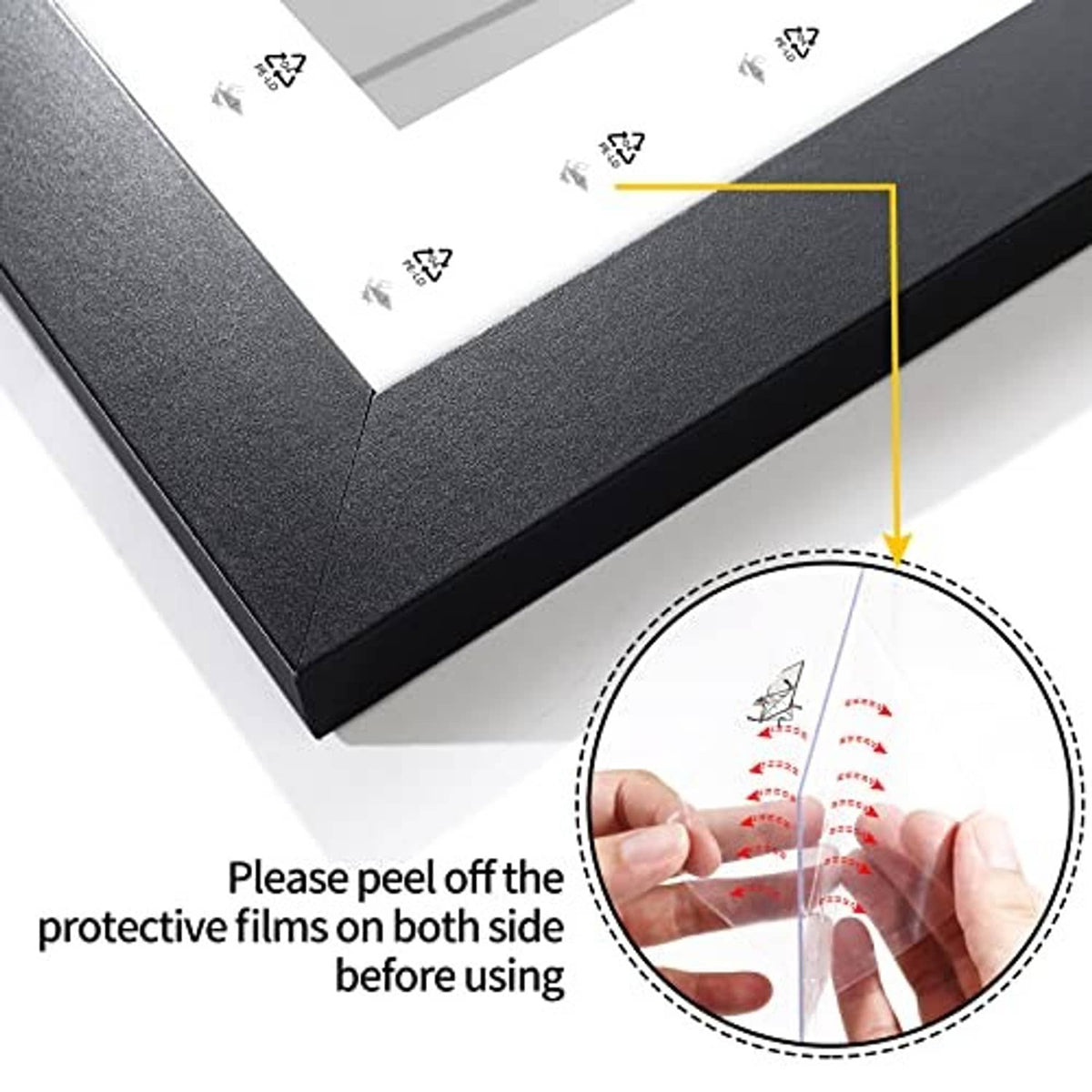 Black picture frame corner, with protective film removal instruction area