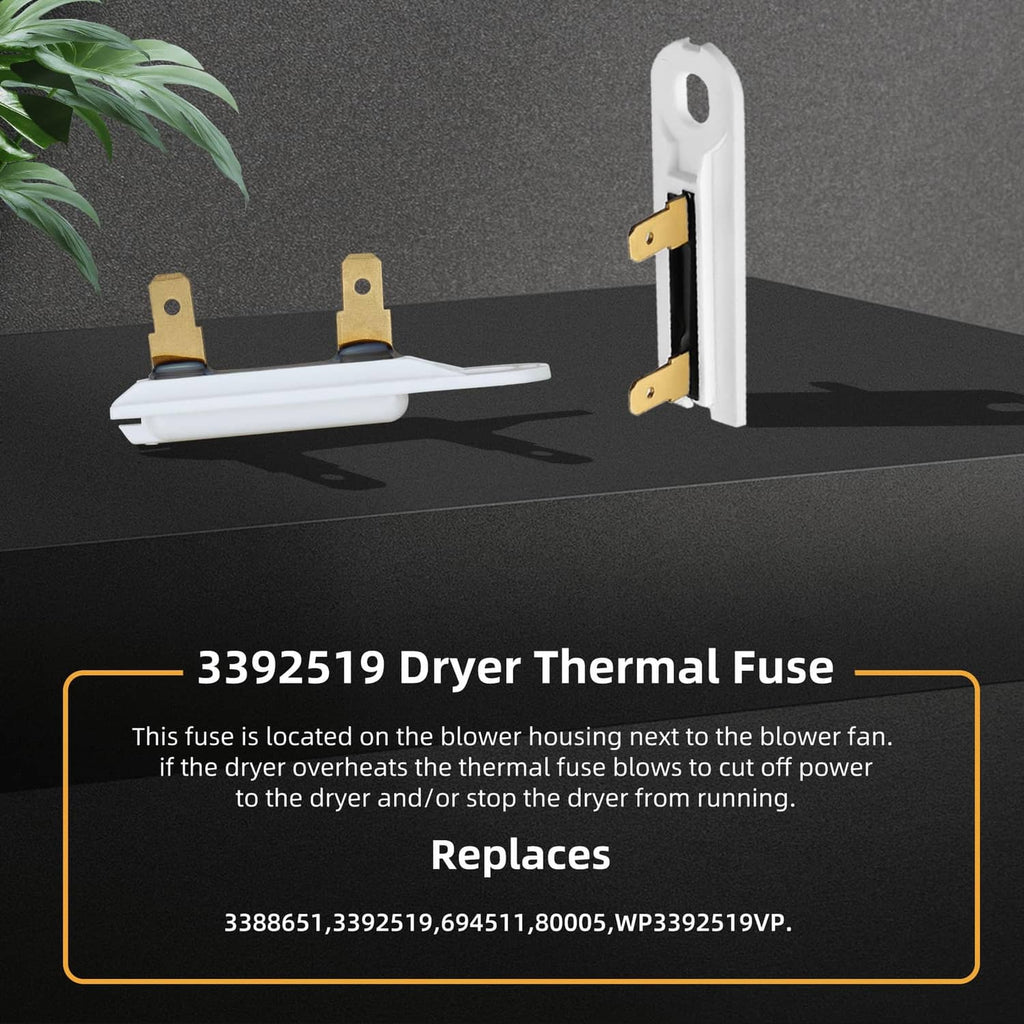 Dryer thermal fuse with white plastic housing and two brass terminals