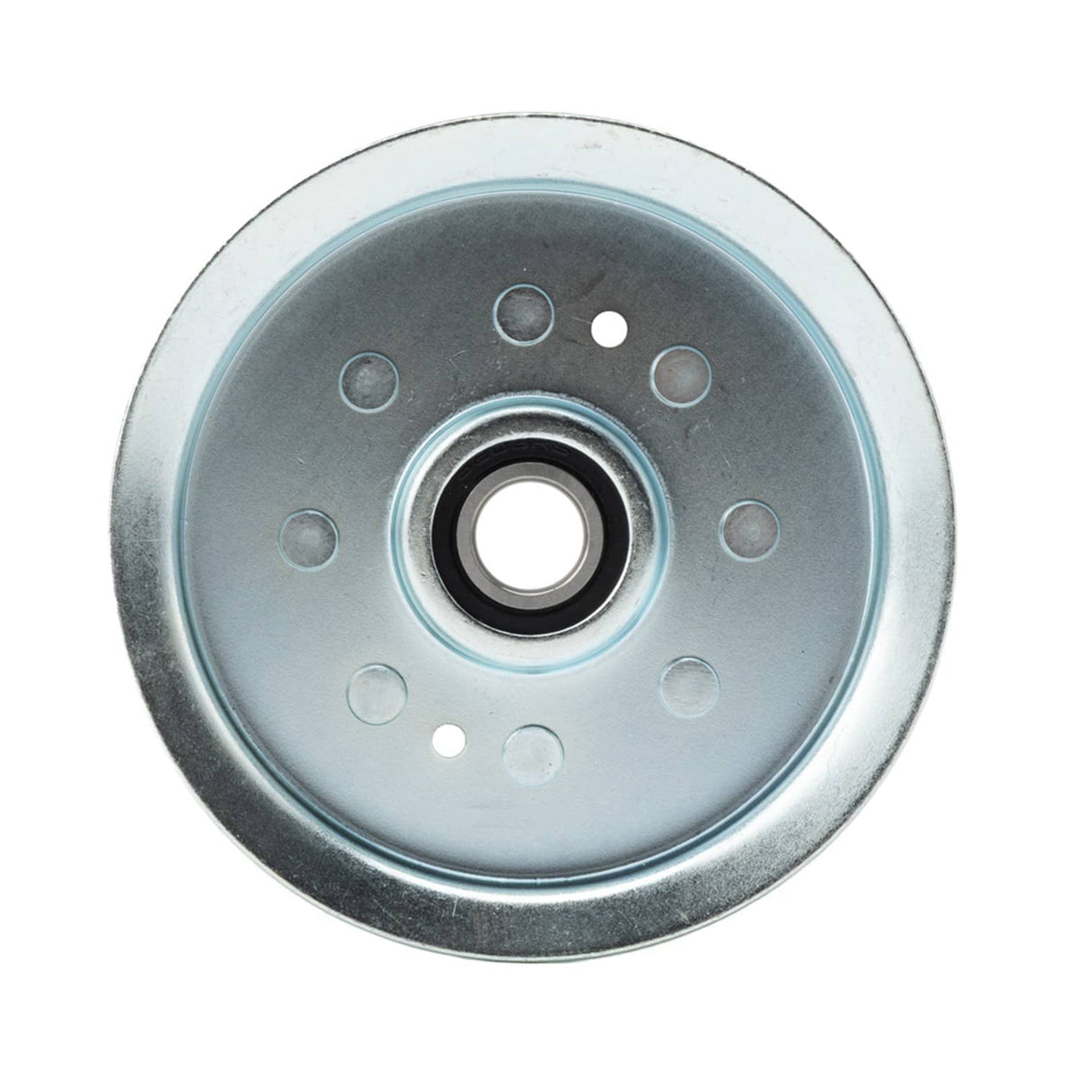 Mower deck idler pulley wheel with bearing center and mounting holes
