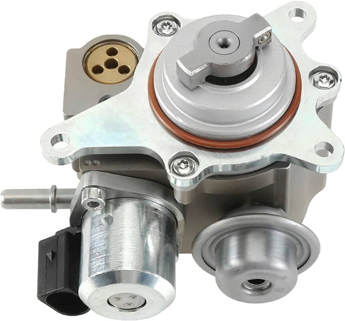 High pressure fuel pump with circular seal and black electrical connector, metal frame