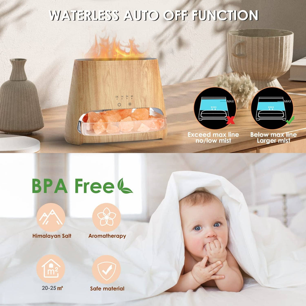 Wood-grain diffuser with clear water tank section and visible pink Himalayan salt crystals